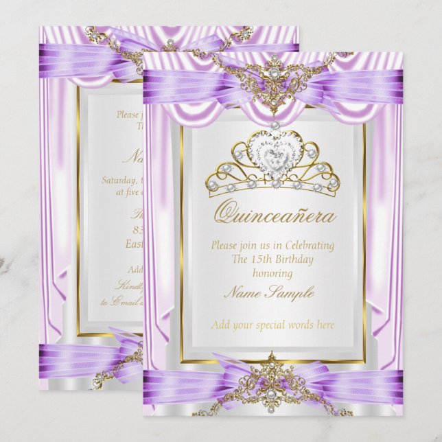 Convites Quinceanera Lilly Lavanda Puro Dourado Branco (Frente/Verso)