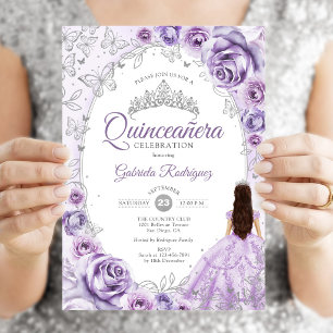 Convites Quinceanera Lilpúrpura Prateada Floral