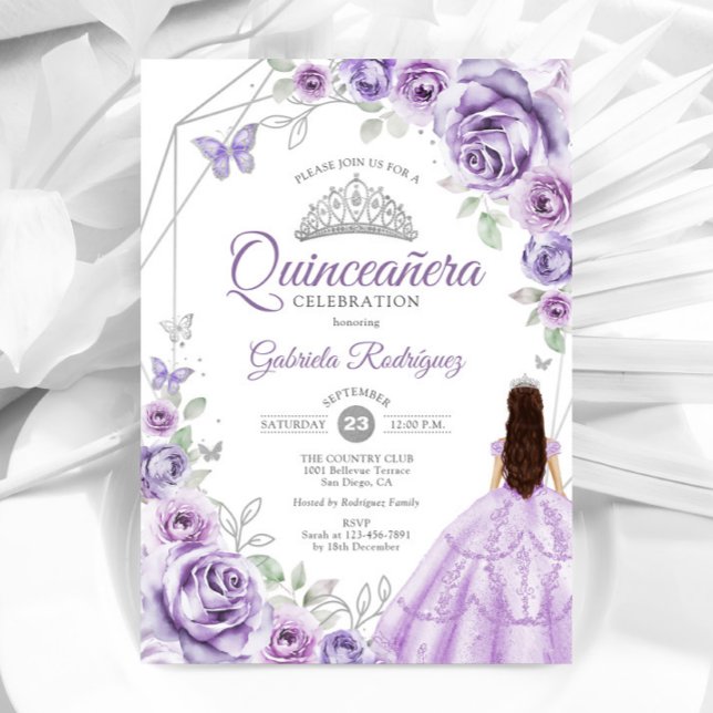 Convites Quinceanera Lilpúrpura Prateada Floral (Criador carregado)