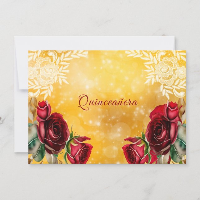 Convites Quinceanera Lindas Rosas Vermelhas com Renda e Dou (Frente)