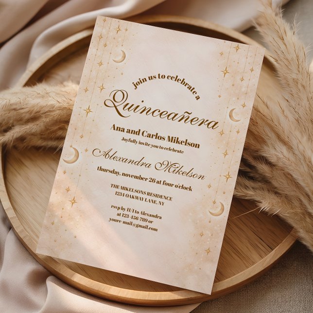 Convites Quinceañera Lua e Estrelas Atemporais (Criador carregado)