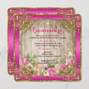 Convites Quinceanera Madeira Plástica Rosa Quente Dourada F