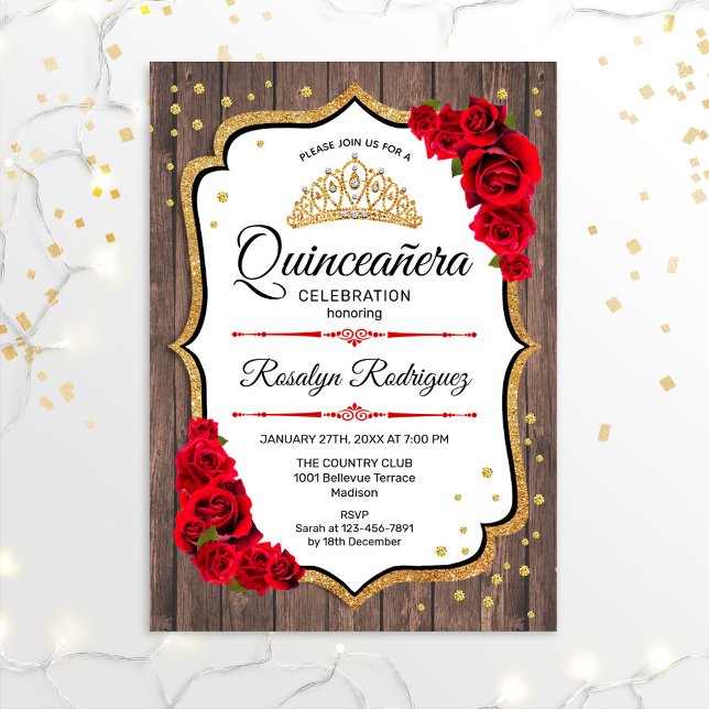 Convites Quinceanera - Madeira russa Vermelha branca Dourad (Criador carregado)