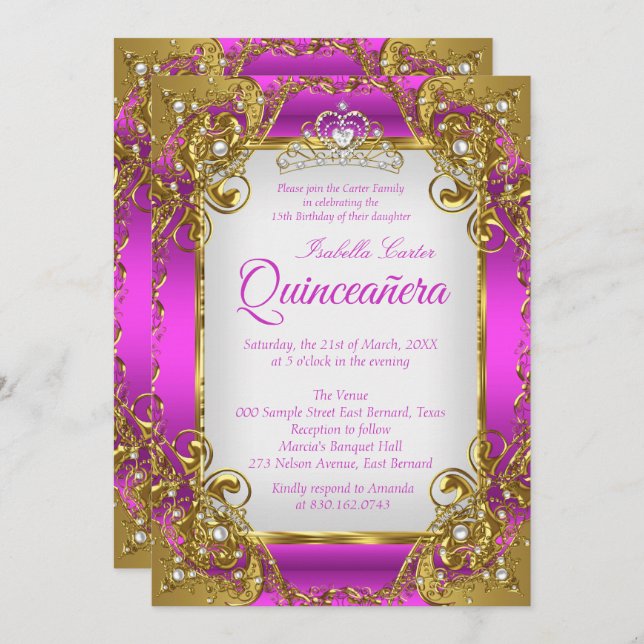 Convites Quinceanera Magenta Ouro Pearl Tiara (Frente/Verso)