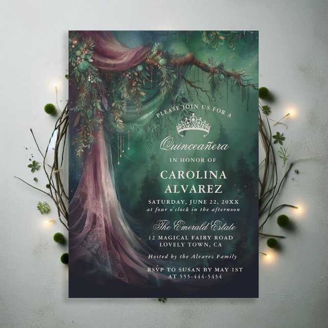 Convites Quinceañera Mágica de Fairytale Florestal Encantad (enchanted forest quinceanera emerald green mauve purple veil woodland fairy tale faerie magic invite)