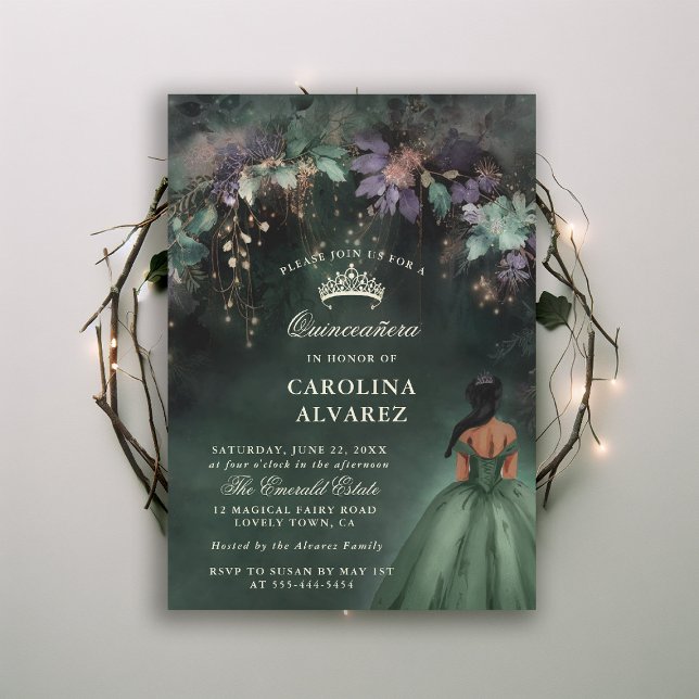 Convites Quinceanera Mágica do Arco Florestal Encantado (enchanted forest quinceanera invitation watercolor princess dress emerald hunter green fairytale)