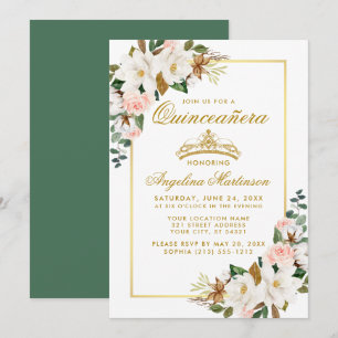 Convites Quinceanera Magnolia Rosa Verde Dourado Floral