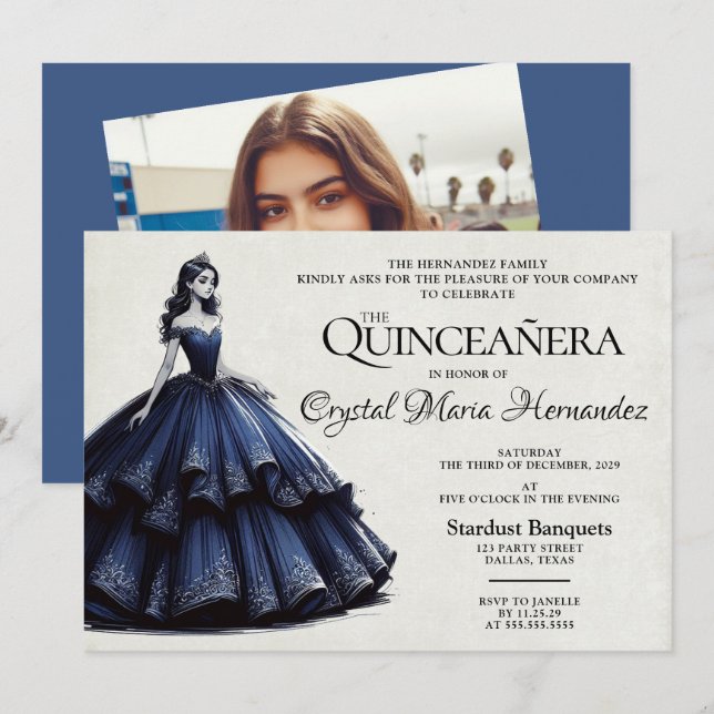 Convites Quinceañera marinho Azul (Frente/Verso)