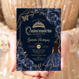 Convites Quinceanera Marinho Azul Borboleta Dourada Vestido