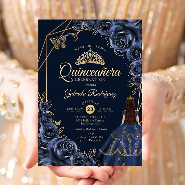 Convites Quinceanera Marinho Azul Borboleta Dourada Vestido (Criador carregado)