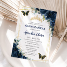 Quinceañera Marinho Azul Borboletas Florais Coroa