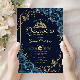 Convites Quinceanera Marinho Azul Dourado Floral