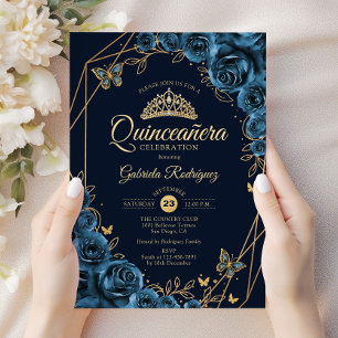 Convites Quinceanera Marinho Azul Dourado Floral