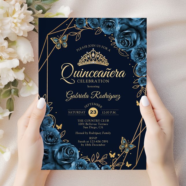 Convites Quinceanera Marinho Azul Dourado Floral (Criador carregado)