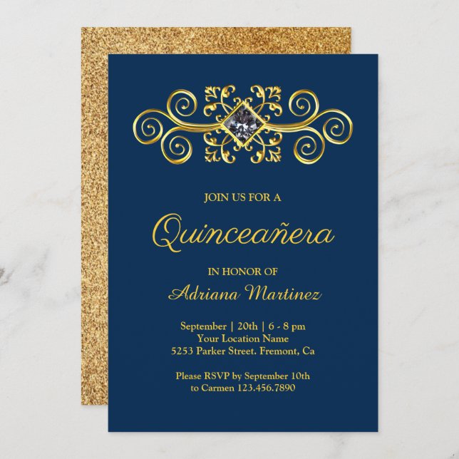 Convites Quinceanera marinho Azul Dourado Flourado (Frente/Verso)