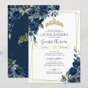 Convites Quinceañera Marinho Azul Elegante Aquarela Floral