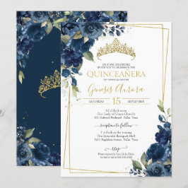 Convites Quinceañera Marinho Azul Elegante Floral Em
