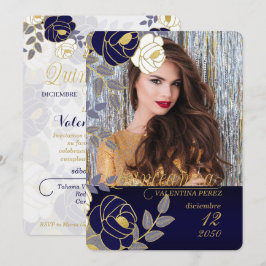 Convites Quinceanera marinho Azul Floral Espanhola com Foto