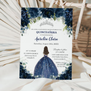 Convites Quinceañera Marinho Azul Prata Floral Princesa Cor