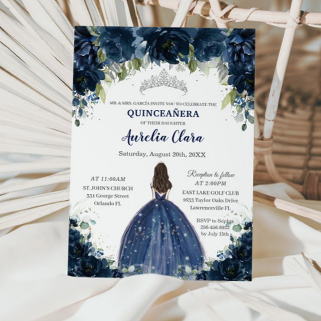 Convites Quinceañera Marinho Azul Prata Floral Princesa Cor (Criador carregado)