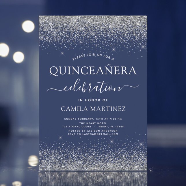 Convites Quinceanera Marinho Azul Prata Moderna (Criador carregado)