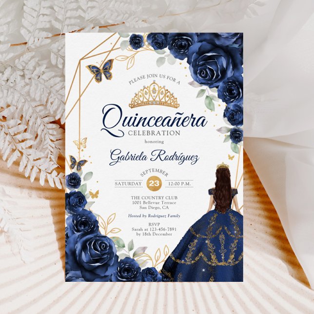 Convites Quinceanera Marinho Azul Vestido Floral Dourado (Criador carregado)