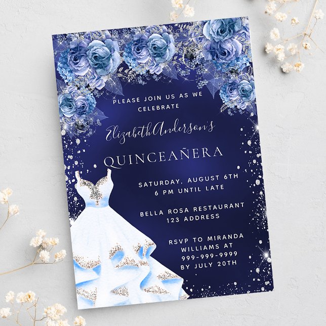 Convites Quinceanera marinho azul vestido floral glamoroso (Criador carregado)