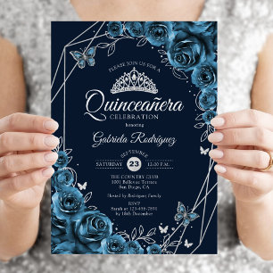 Convites Quinceanera Marinho Blue Silver Floral