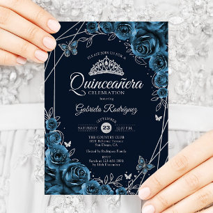 Convites Quinceanera Marinho Blue Silver Floral
