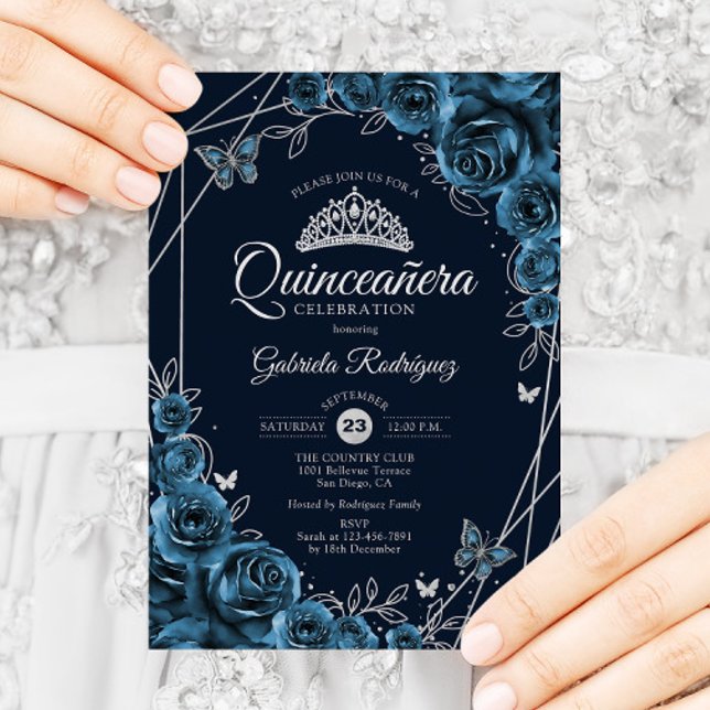 Convites Quinceanera Marinho Blue Silver Floral (Criador carregado)