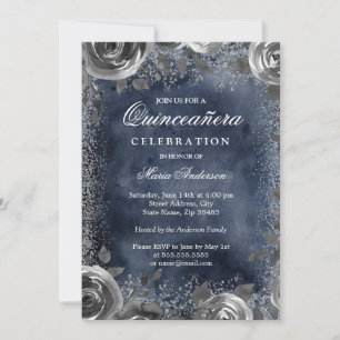 Convites Quinceanera, Marinho de prata elegante, convidado