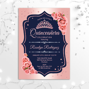 Convites Quinceanera - Marinho Dourado Rosa