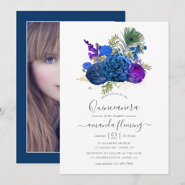 Convites Quinceañera marinho e Púrpura Peacock Floral (Frente/Verso)