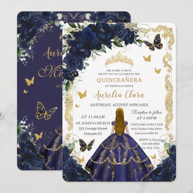 Convites Quinceañera Marinho Flores Azuis Loiras Princesa (Frente/Verso)