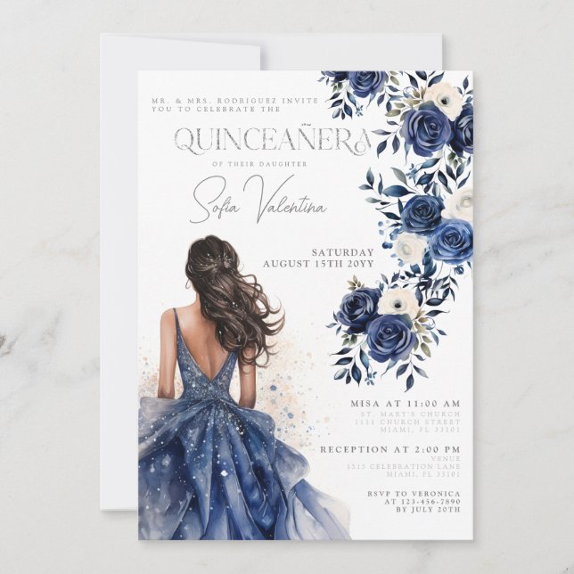 Convites Quinceañera Marinho Royal Blue Floral Gown (Frente)