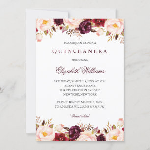 Convites Quinceanera Marsala Floral Vermelho Borgonha 15º
