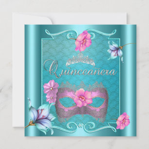 Convites Quinceanera Máscara 15 Teal Azul Rosa Prata Floral