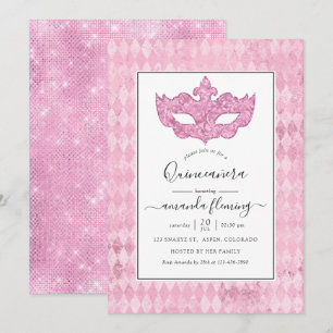 Convites Quinceañera Máscara de Carnaval Rosa Vintage