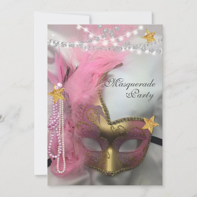 Convites Quinceanera Máscara Dourado Brilho Pérolas Rosas (Frente)