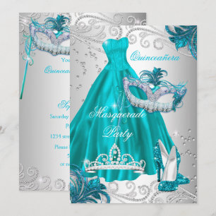 Convites Quinceanera Máscara Teal Vestido Prata Mascarada A