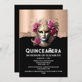 Convites Quinceañera, mascarada de aniversário de ouro rosa