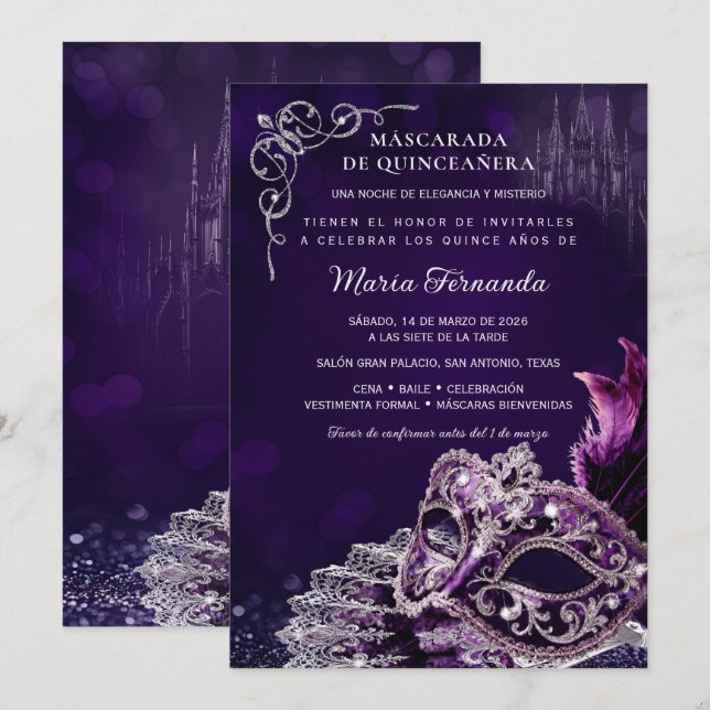 Convites Quinceañera Mascarada Morado Plata Elegante (Frente/Verso)