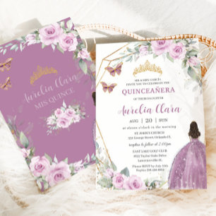 Convites Quinceañera Mauve Floral Butterfly Princesa Vestid