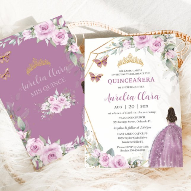Convites Quinceañera Mauve Floral Butterfly Princesa Vestid (Criador carregado)