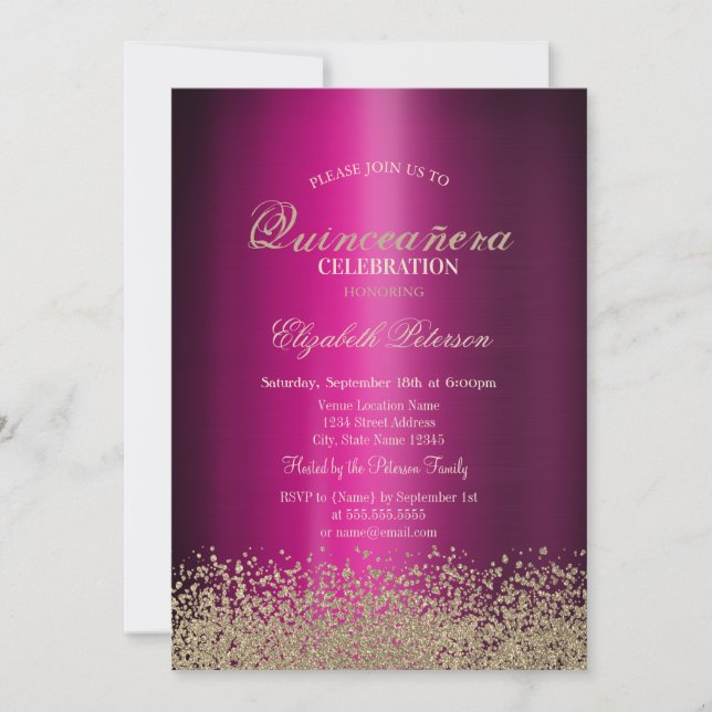 Convites Quinceañera Metálica Violeta dos Diamantes Dourado (Frente)