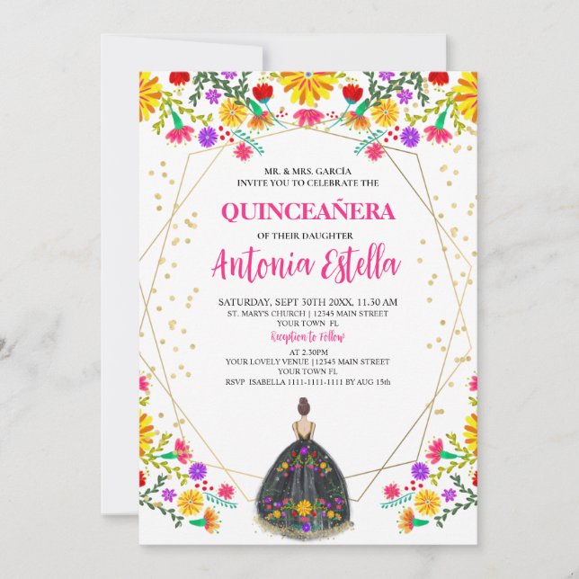 Convites Quinceanera Mexicana Fiesta Black Princess (Frente)
