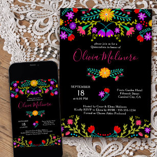 Convites Quinceanera Mexicana Fiesta Colorida Preto Floral