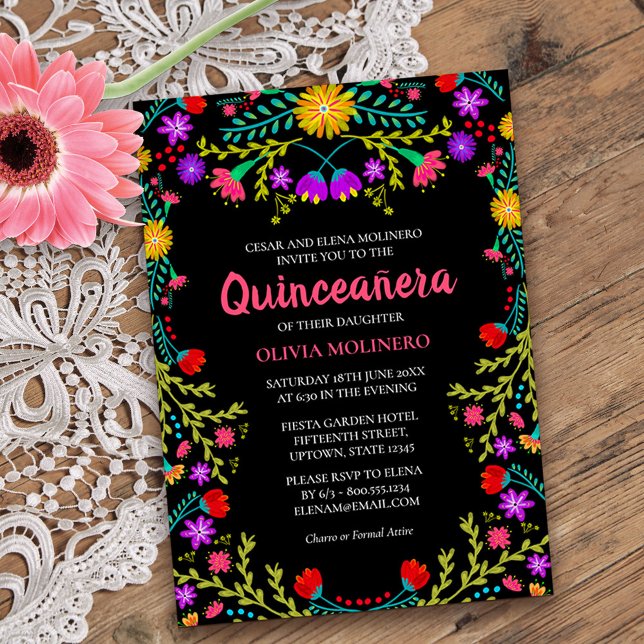 Convites Quinceanera Mexicana Fiesta Floral Black Birthday (Quinceanera invitation from my Mexican Fiesta Floral collection)