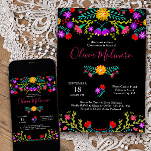 Convites Quinceanera Mexicana Fiesta - Preto Floral Colorid