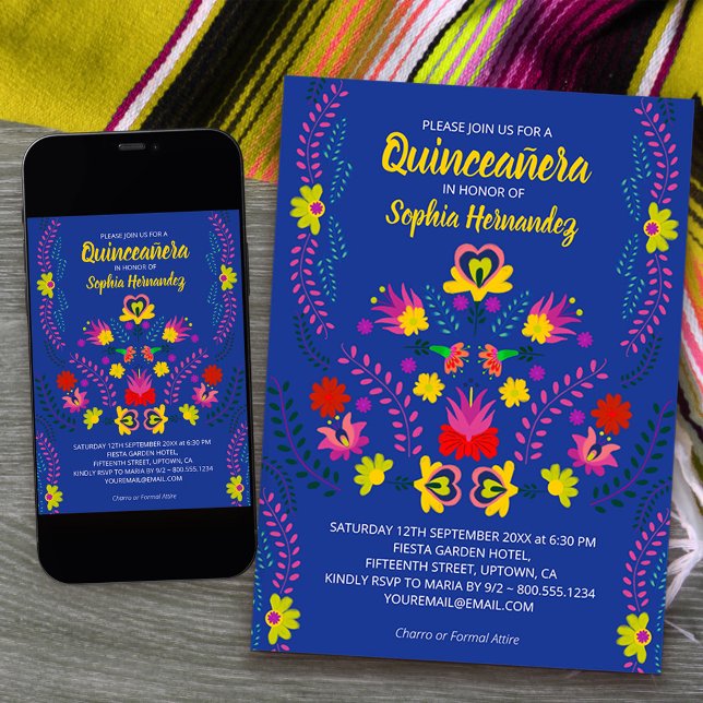 Convites Quinceanera Mexicana Flowers Blue Birthday (Quinceanera Invitation from my Mexican Fiesta Party collection available printed or printable downlo)